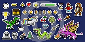 Pixel art 8 bit objects. Retro game assets. Set of icons. vintage computer video arcades. characters dinosaur pony