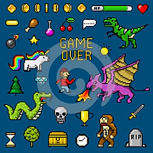 Pixel art 8 bit objects. Retro game assets. Set of icons. Vintage computer video arcades. Characters dinosaur pony