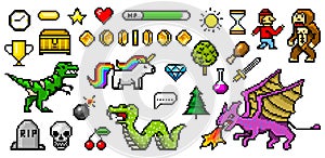 Pixel art 8 bit objects. Retro game assets. Set of icons. Vintage computer video arcades. Characters dinosaur pony