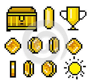 Pixel art 8 bit objects. Retro game assets. Set of icons. vintage computer video arcades. Coins and trophy. vector