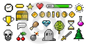 Pixel art 8 bit objects. Retro game assets. Set of icons. Vintage computer video arcades. Coins and Winner`s trophy