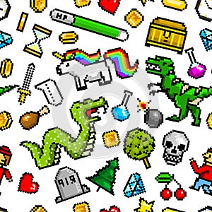 Pixel art 8 bit objects Seamless pattern. Retro game assets. Set of icons. Vintage computer video arcades. Characters