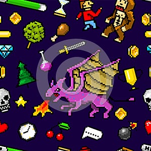 Pixel art 8 bit objects Seamless pattern. Retro game assets. Set of icons. Vintage computer video arcades. Characters
