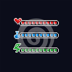 Pixel art 8 bit retro styled game design interface set - red health indicator with heart, blue mana label with potion