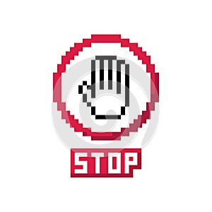 Pixel art 8-bit simple red stop traffic sign with hand gesture and stop text icon - isolated vector illustration
