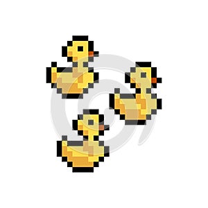 Pixel art 8-bit style yellow ducks set - isolated vector illustration