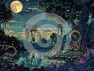 Pixel art animation of a steampunk oasis, cobalt clock gears turning, origami creatures by moonlit waters