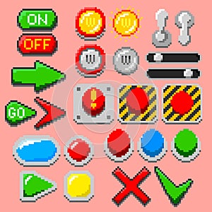Pixel art arrows, buttons, 8-bit elements.
