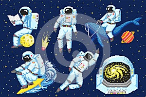 Pixel art astronaut. Spaceman 8 bit objects. Space art, digital icons. cosmonaut on a whale, moon and wave. Retro assets