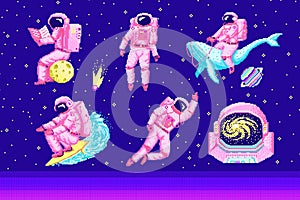 Pixel art astronaut. Spaceman 8 bit objects. Space art, digital icons. cosmonaut on a whale, moon and wave. Retro assets photo