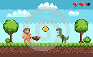 Pixel art background with primitive man and dinosaur. Pixelated scene with caveman, green dragon