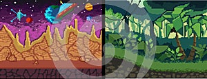 Pixel art backgrounds set. Pixel Jungle and space theme for game photo