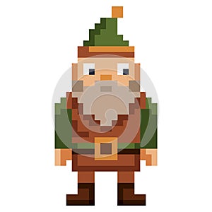 Pixel art bearded gnome isolated on white background. 8 bit leprechaun logo. Fairy tale character. Dwarf mascot.