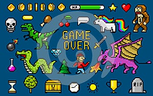 Pixel art 8 bit objects. Retro game assets. Set of icons. vintage computer video arcades. characters dinosaur pony