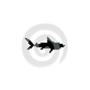 Pixel art black shark silhouette. Minimalistic shark icon in pixelated retro style.