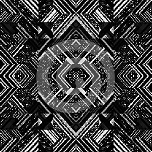 Pixel art black and white geometric textured seamless pattern. Abstract ornamental digital vector background. Modern pixel squares