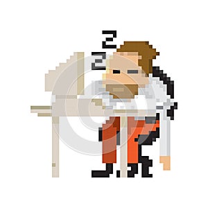 Pixel art businessman dozed off at work. Vector illustration decorative design