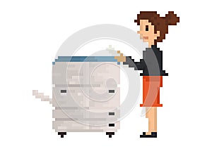 Pixel art businesswoman with photocopy machine. Vector illustration decorative design