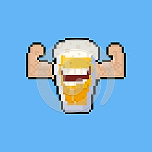 Pixel art cartoon beer mug character flex the muscle.