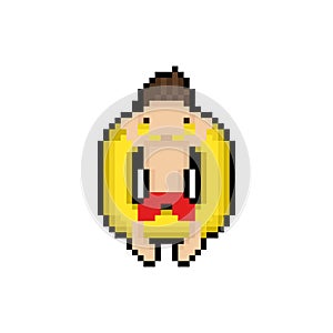 Pixel art cartoon man character sleeping on yellow swimring.