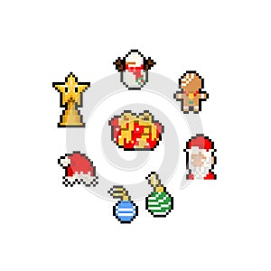 Pixel art cartoon set of cute christmas icon.