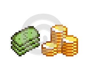 Pixel art cash money and stack of coins. Pixel gold coins stack of banknotes. Pixel game icons in retro style. Vector