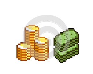 Pixel Art Cash Money and stack of coins vector icon. Pixel golden coins stack of banknotes, cash money. Pixel game icons