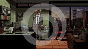 Pixel art - cat dressed as a 1990s business man in a dark office. Creepy