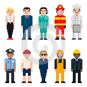 Pixel art characters avatar set. Professions pixel art people isolated design. Policeman, Doctor, Businessman, Chef