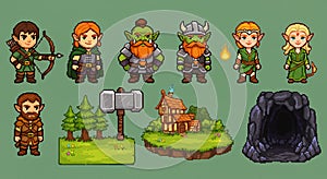 Pixel art characters and elements, including an archer, orcs, a warrior, a mage, an photo