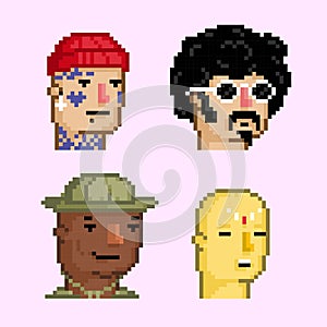 Pixel art characters tattoo punk, retro guy, scout, monk. NFT avatars concept vector illustration.