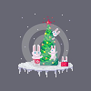 Pixel art Christmas family of rabbits