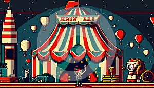 Pixel art circus. Vector illustration of a retro circus with a tent.