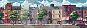 Pixel Art City Landscape, Video Game Platformer Asset, 8bit Retro Urban Street, Side-scroller Side View Pixelated Buildings photo