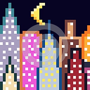 Pixel art cityscape skyscrapers at night