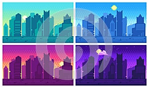 Pixel art cityscape. Town street 8 bit city landscape, night and daytime urban arcade game location