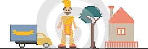 Pixel art clipart with car, tree, house and man