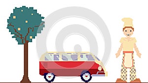 Pixel art clipart with car, tree and man