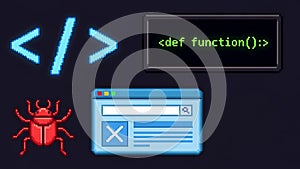 Pixel Art Coding, Debugging & Web Development Concept