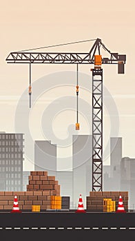 Pixel art construction set with cranes bricks and safety cones. photo