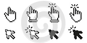 Pixel Art Cursor And Hand Click Icon Set. Digital Interaction And Navigation Symbol Collection. Retro Style Mouse
