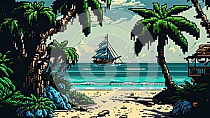 Tropical beach and sailing ship in pixel art