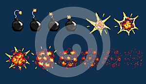 Pixel art detonation of bomb. Game icons set. Comic boom flame effects for emotion.