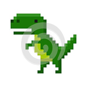 Pixel art of dinosaur icon isolated on white background. Big cheerful prehistoric green tyrannosaurus. Character game