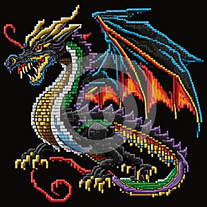 Pixel art embroidery style textured bright vector chinese dragon pattern background illustration. Colorful ornamental tapestry