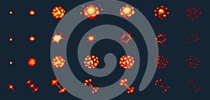 Pixel art explosions. game icons set. Comic boom flame effects for emotion. 8-Bit Vector. Bang burst explode flash