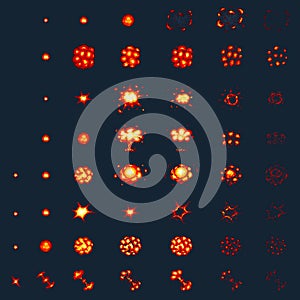 Pixel art explosions. game icons set. Comic boom flame effects for emotion. 8-Bit Vector. Bang burst explode flash