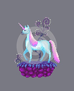 Pixel art fairy unicorn on the stone stand.