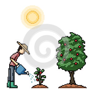pixel art of farmer plant watering