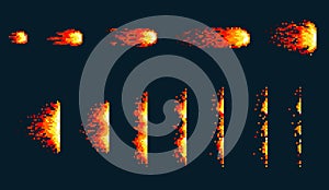 Pixel art fireball. Game icons set. Comic boom flame effects for emotion. Red flames.